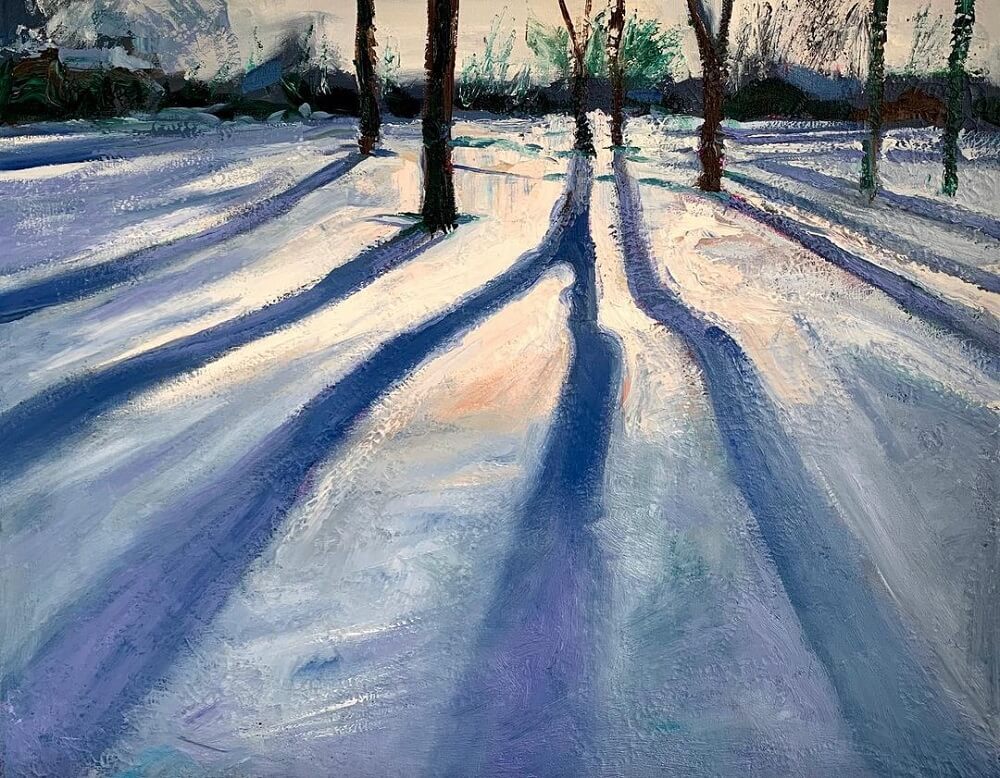 Oil painting of winter trees with blue shadows.