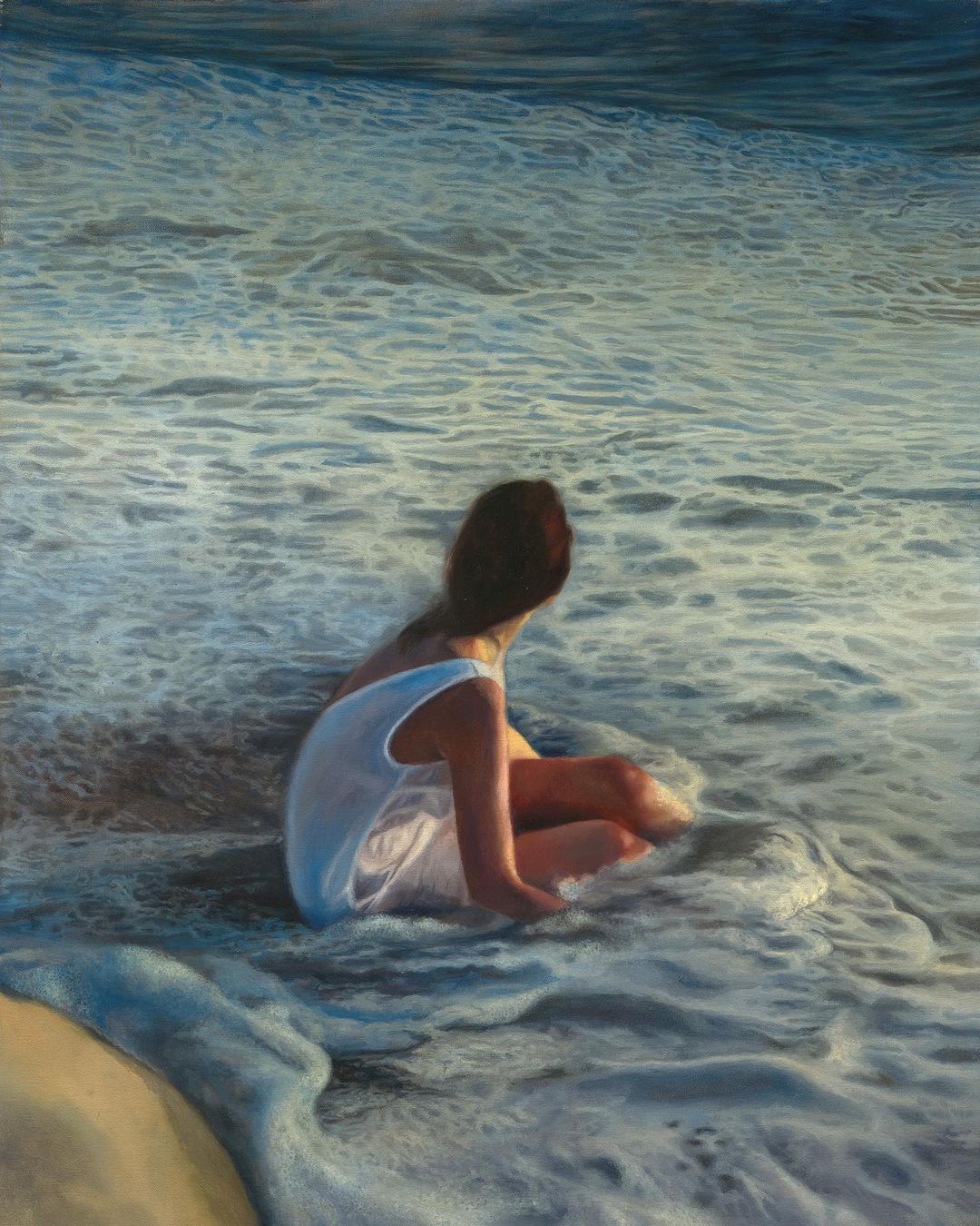 Realistic oil painting of a woman laying on a beach in the waves, wearing a white dress.