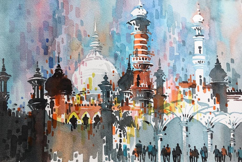 Watercolour artwork of Kuala Lumpur with people fading into the background and architecture in the foreground.