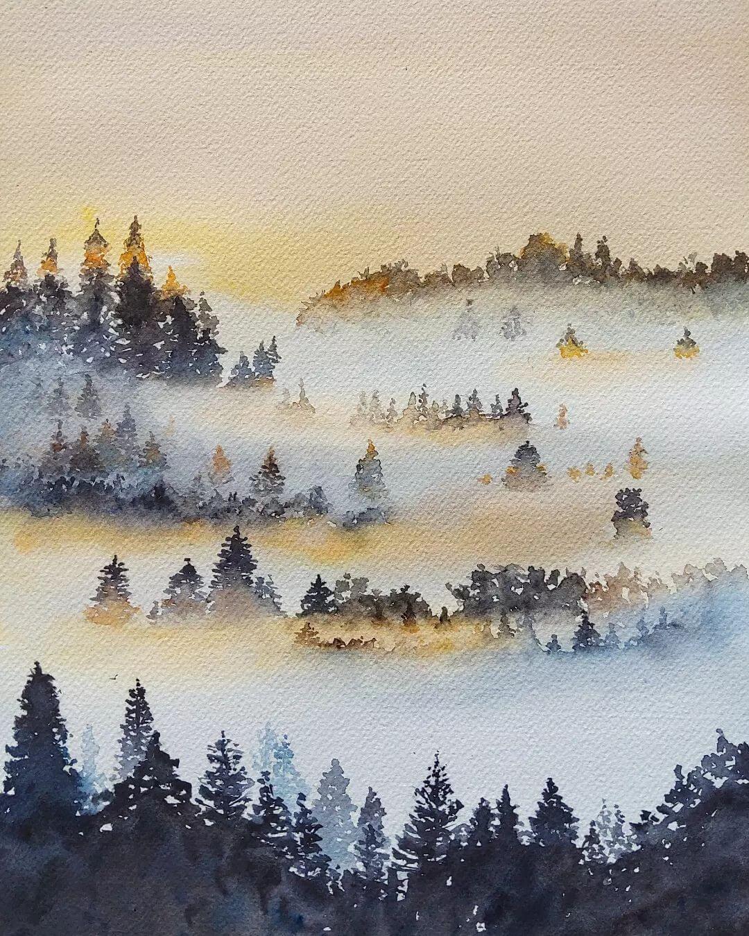 Nature water colour painting of a sunrise over misty hills.