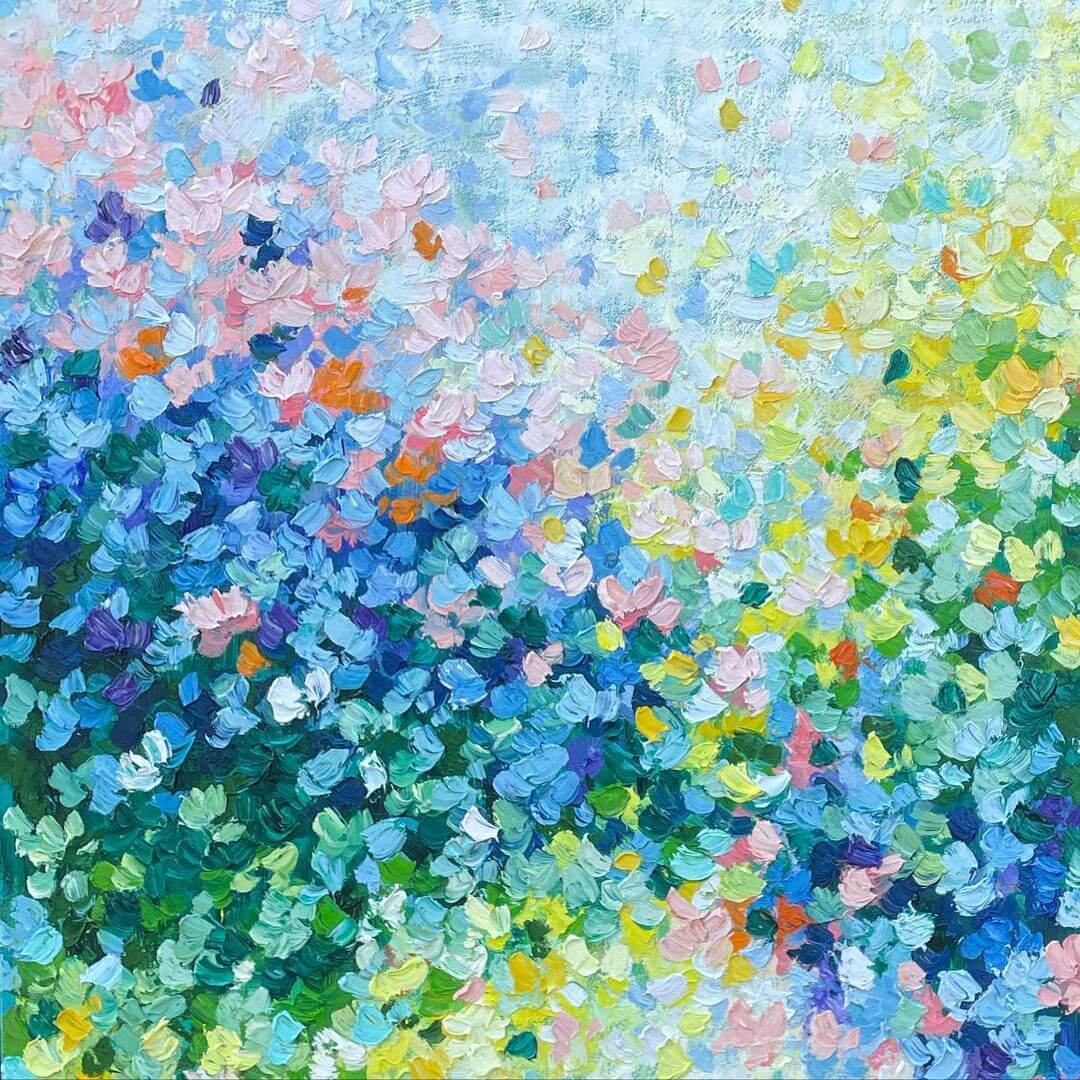 Colourful artwork by Belinda Nadwie. Painted with oil paints on a canvas, the artwork has lashings of green, blue, pink, yellow and white paint, placed in an abstract way.