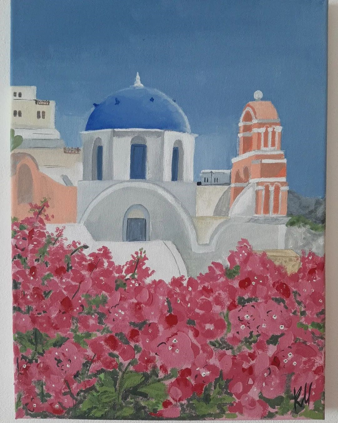A painting of a building in Santorini with pink flowers painted in gouache.