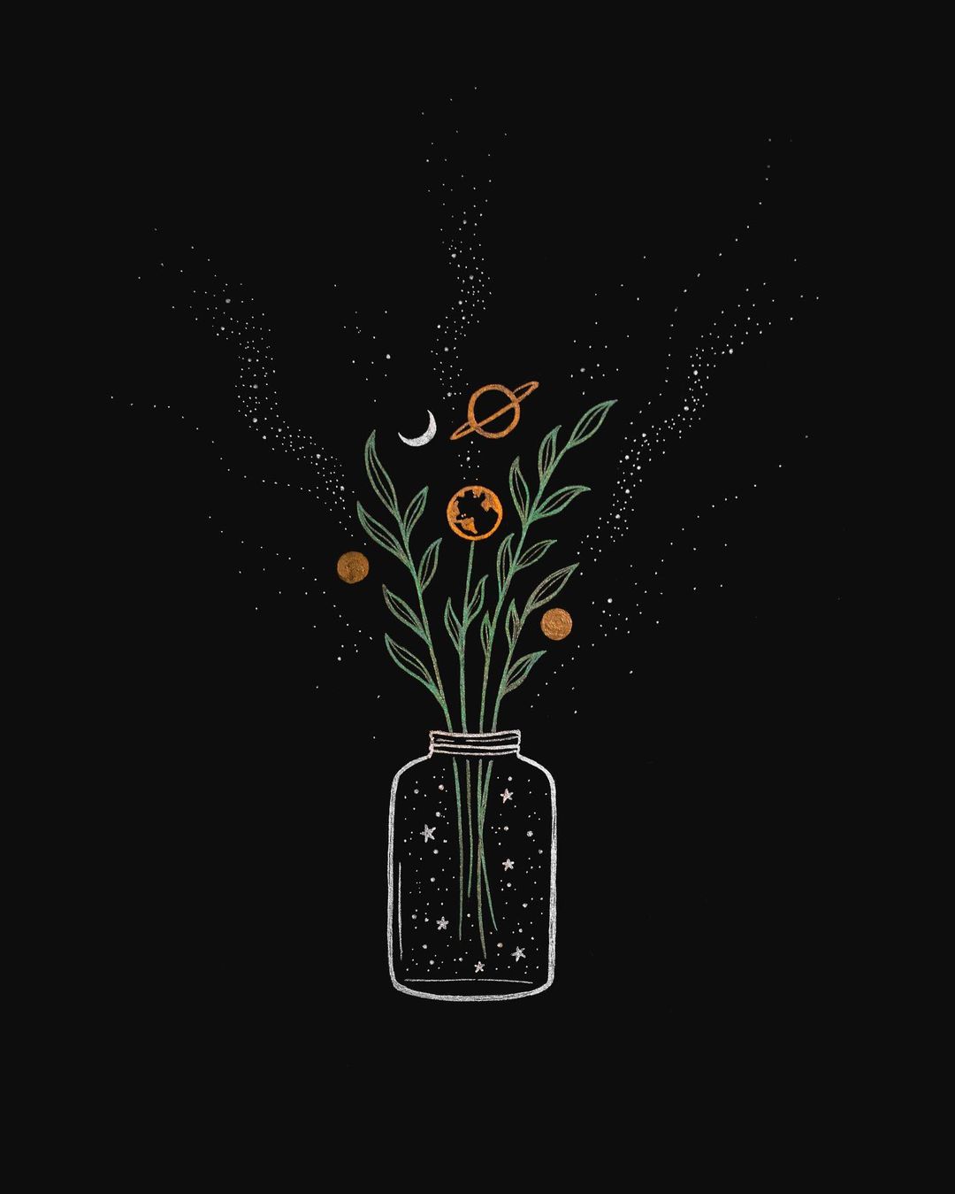 A vase with orange planets and greenery with stars inside the vase, drawn on a black background.