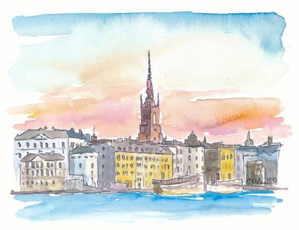 Watercolour painting of Stockholm with a clear blue river.