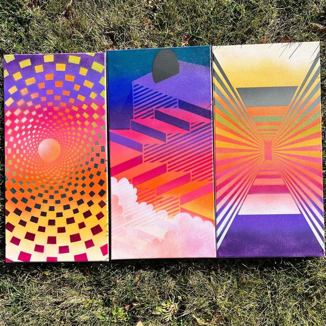 Three colourful paintings with dimensional shapes and patterns