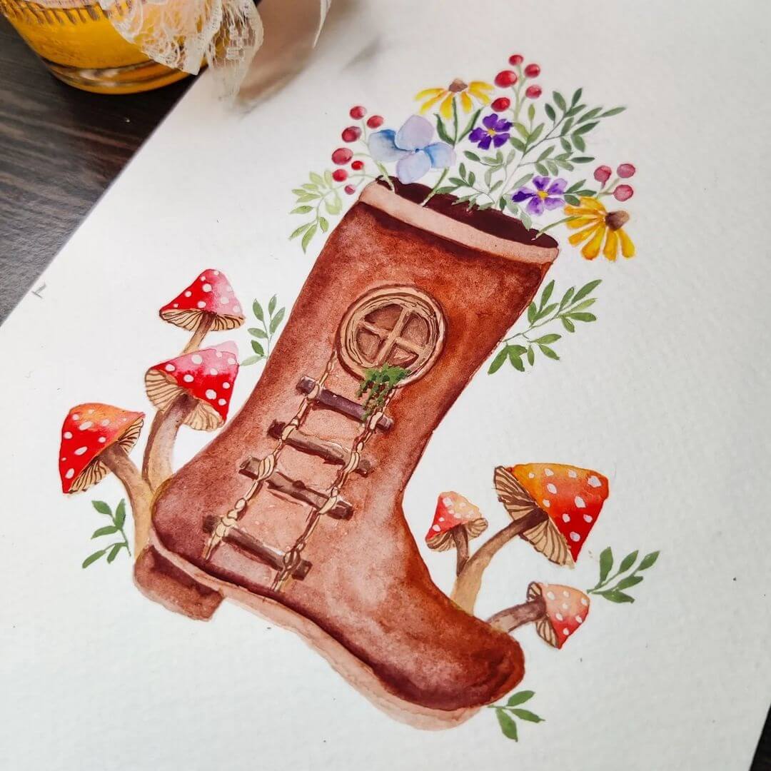 A whimsical watercolour painting of a gum boot with a garden growing inside it and a small window on the boot.