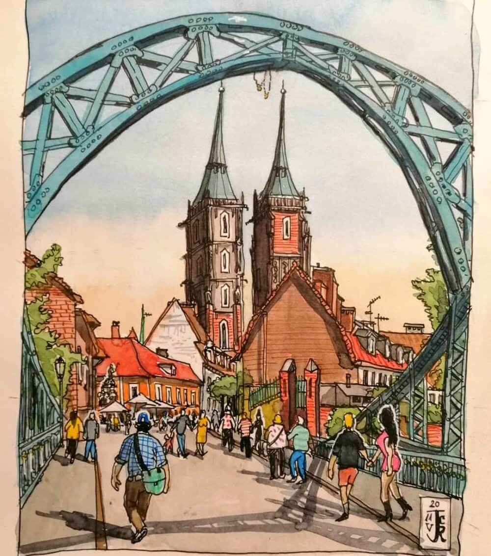 Cartoon drawing of Tumski bridge in Wroclaw with people walking passed.