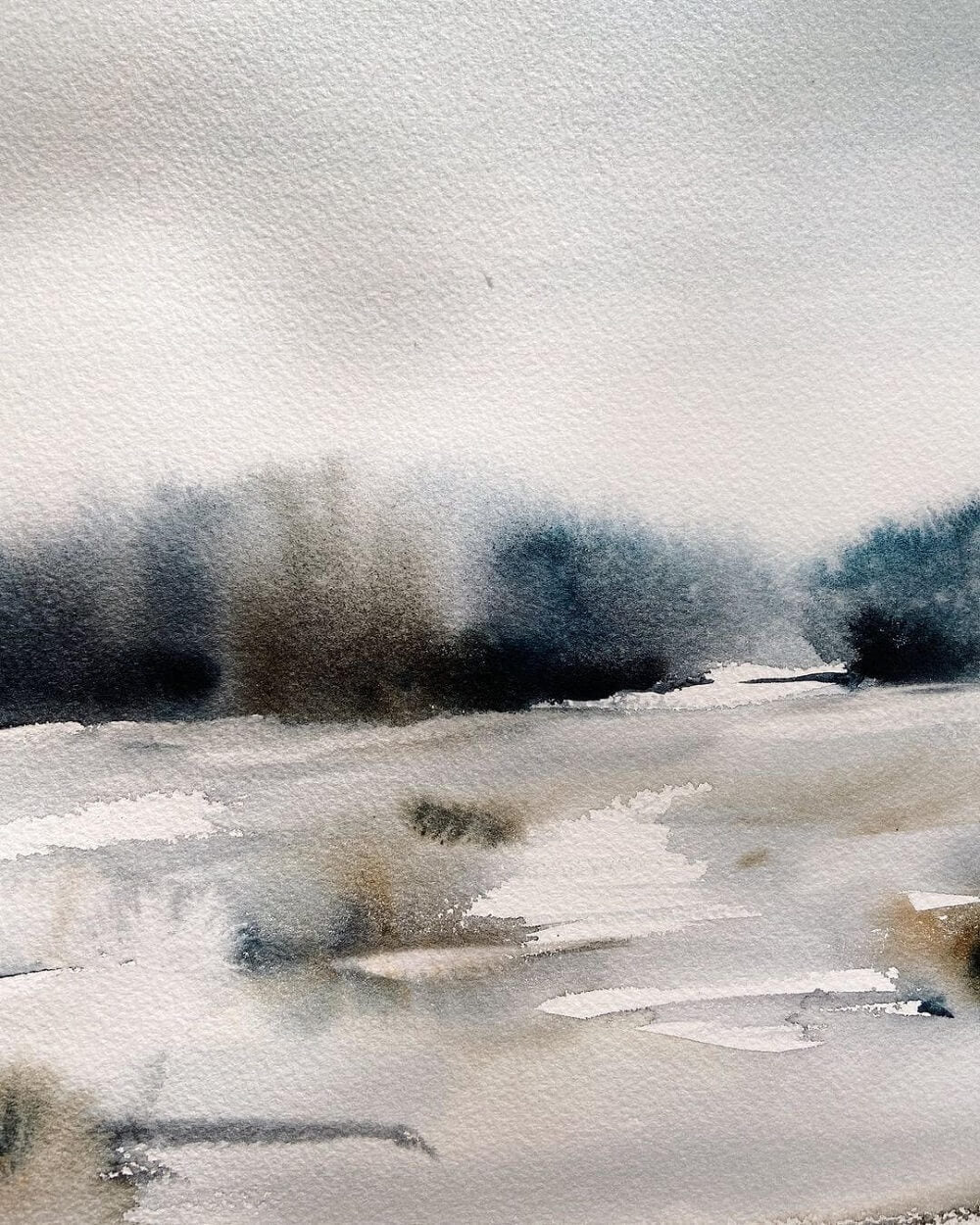 Watercolour artwork of a winter landscape.