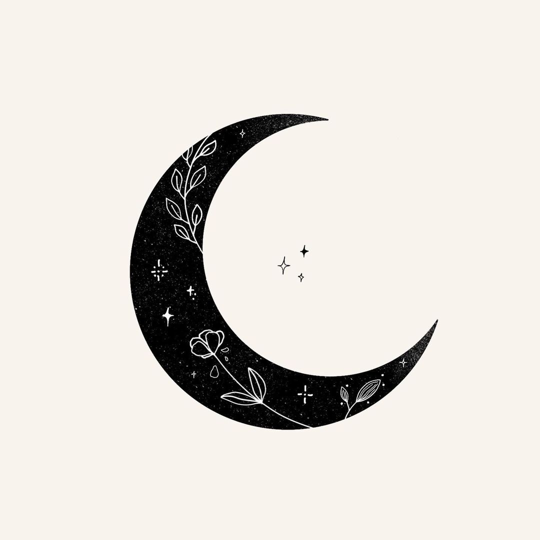 A minimalist style moon with greenery and flowers inside the moon crescent..