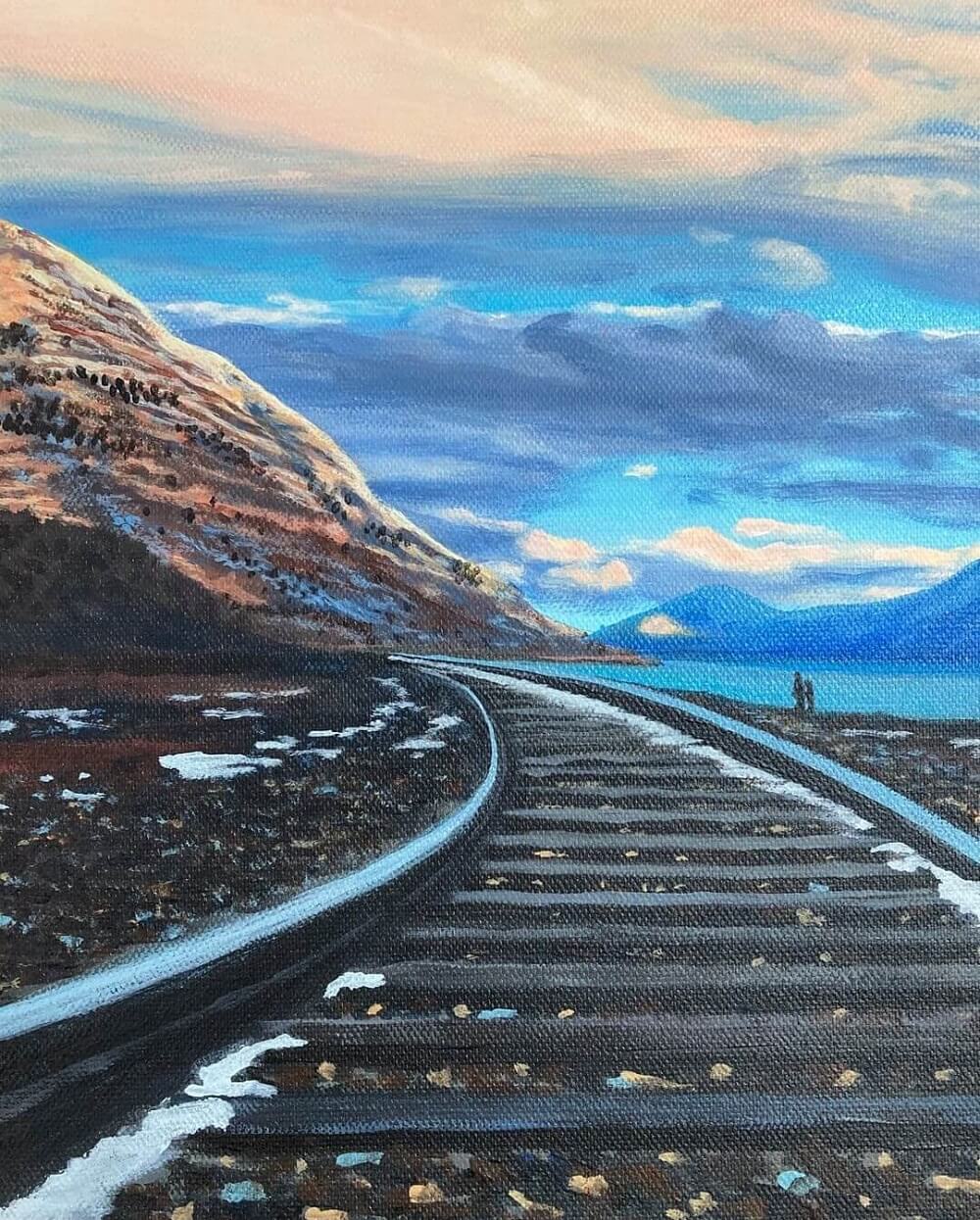 Painting of a windy railway track near the mountains.