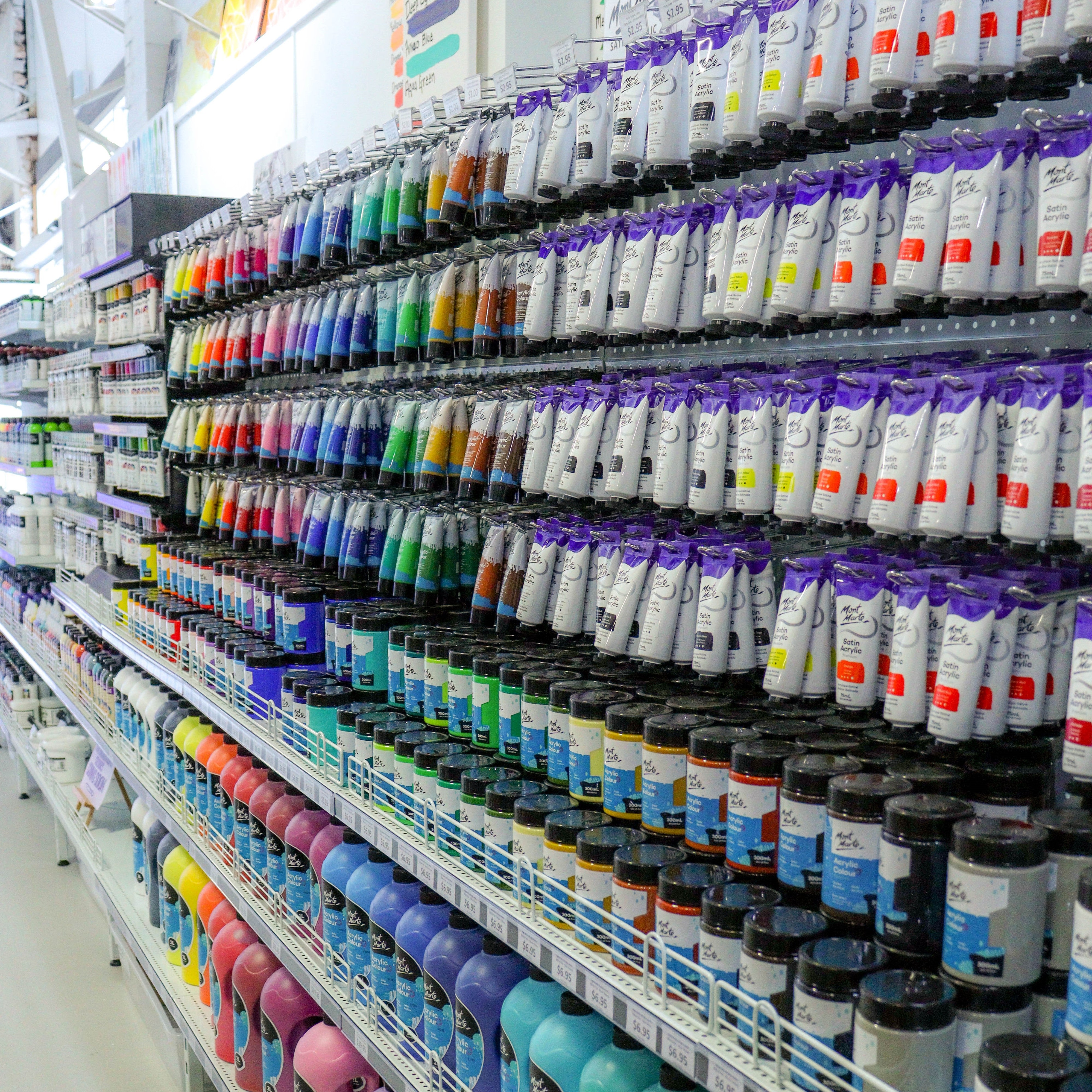 5. Platinum art centre Art Shed Moorabbin's paint products looking like a candy store of Mont Marte art supplies.