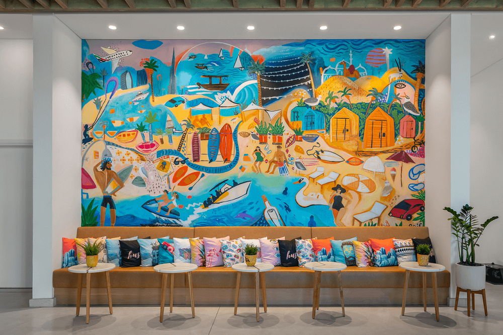 Reif Myer's large abstract mural at Rove Hotels La Mer Beach in Dubai.