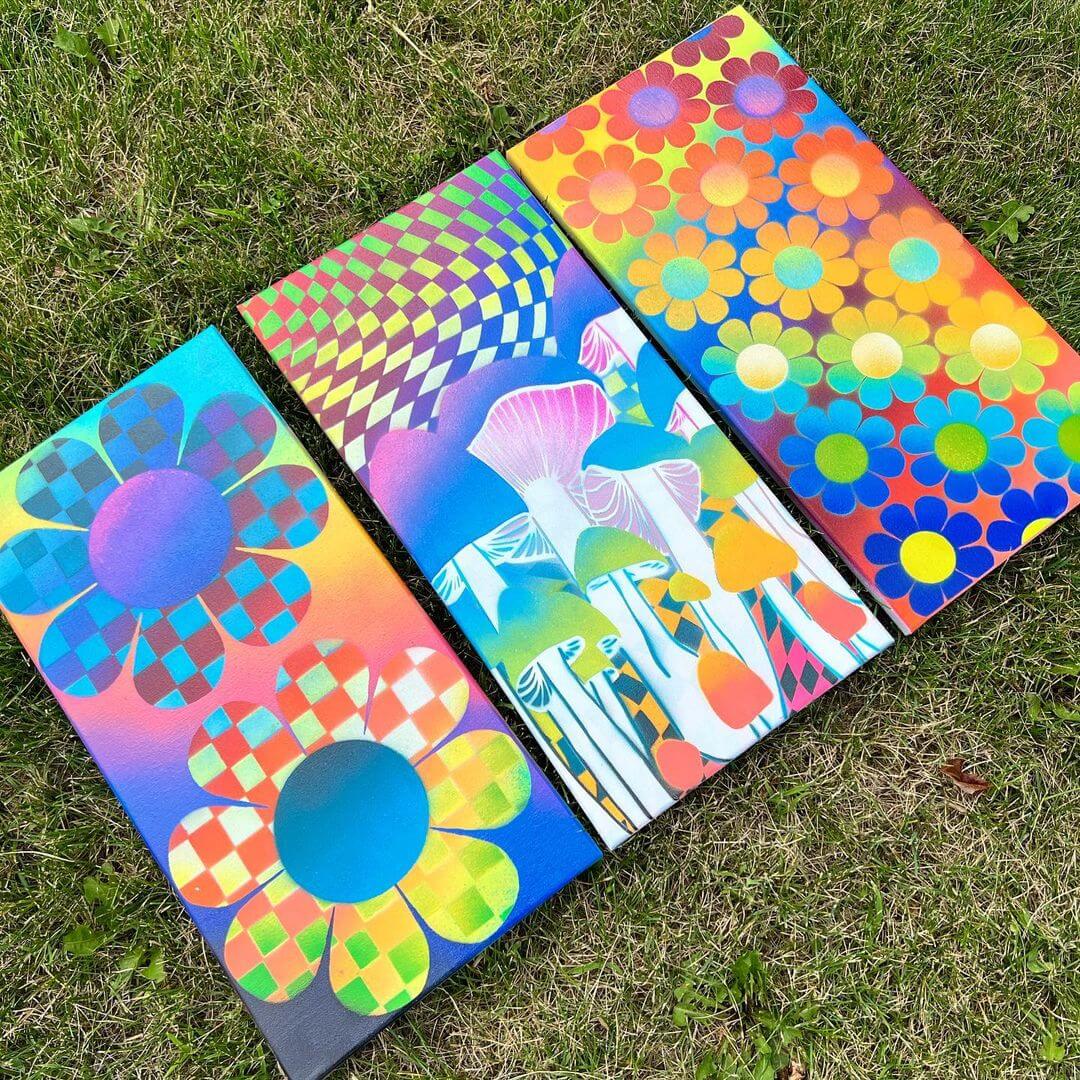 3 rainbow artworks with flowers, mushrooms, and checkers. 