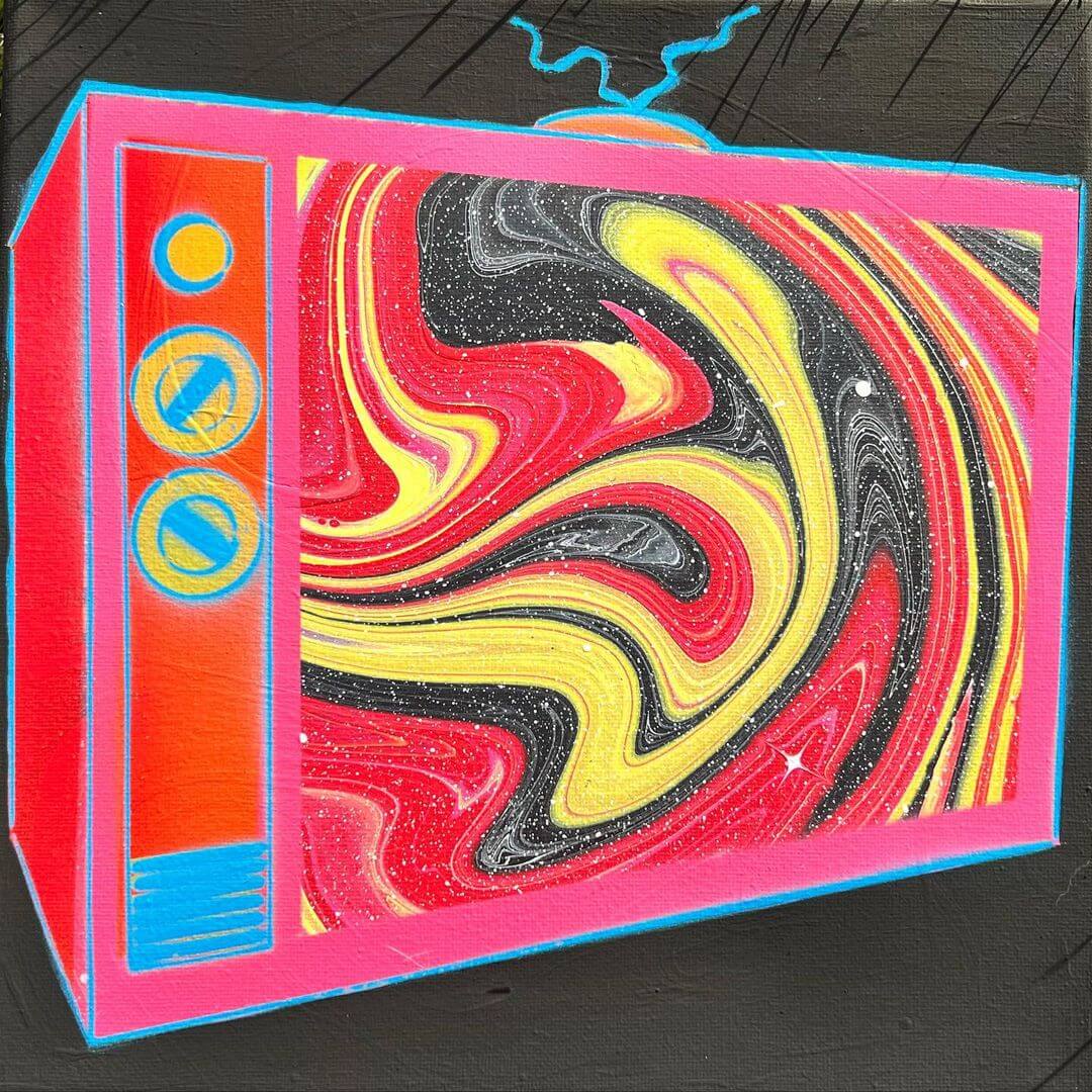 A pour painting of a retro TV in psychedelic colours and styling. 