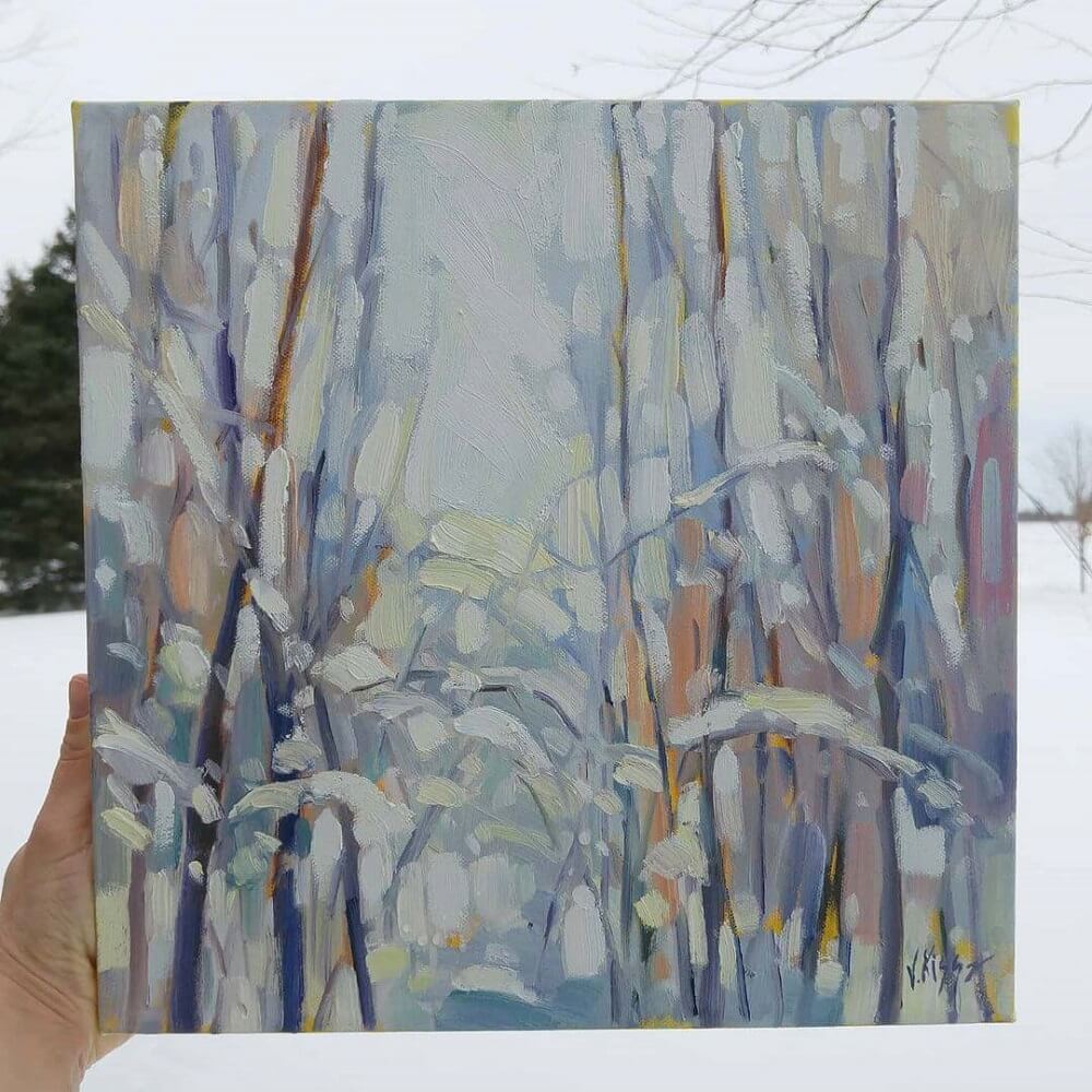 Abstract painting of trees in winter.