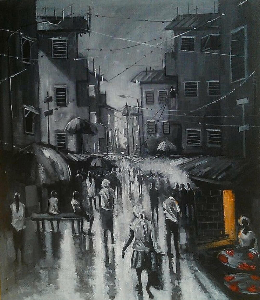 Monochrome painting of Lagos with a burst of yellow on a car driving through.