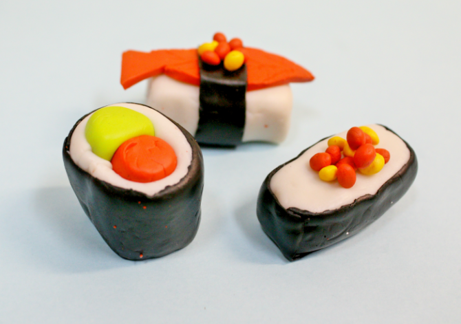 Sushi pieces made from polymer clay.