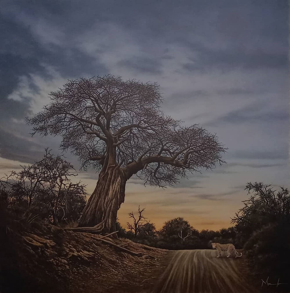 Landscape painting of south Africas wilderness with a leopard crossing the road.