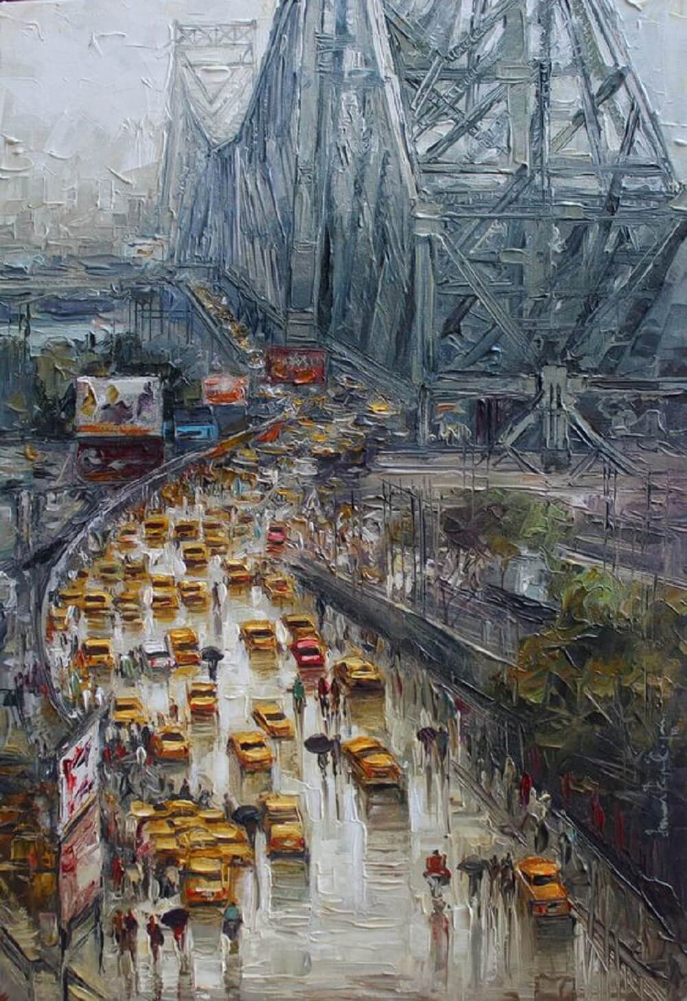 Oil painting of a bridge in Kolkata with yellow cars driving on the bridge and smog in the distance.