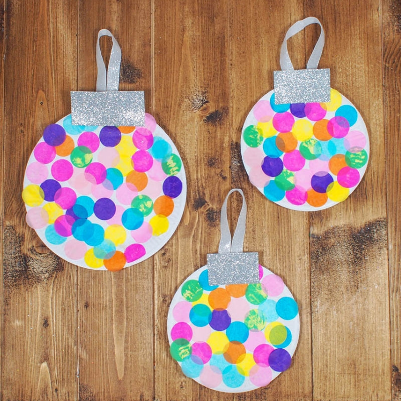 Three Christmas baubles made from paper plates.