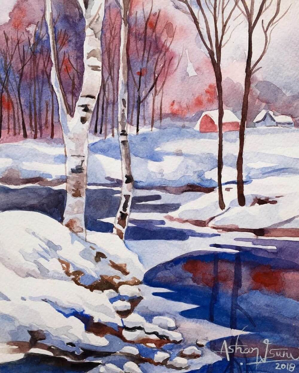Painting of a winter scene in blue and red with a small house in the background.
