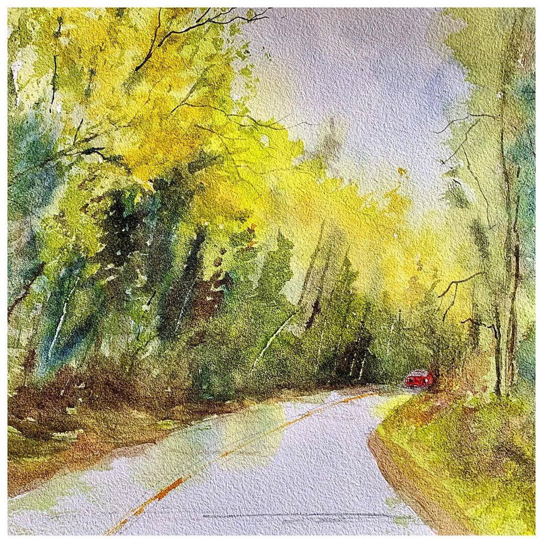 A road with forest on either side painted in watercolours with a red car in the distance.