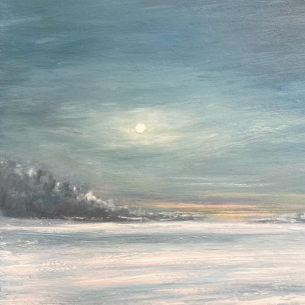 Painting of an empty landscape with sun peaking through clouds.