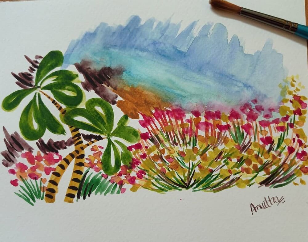 Vibrant watercolour painting of a beach with flowers and palm tree.