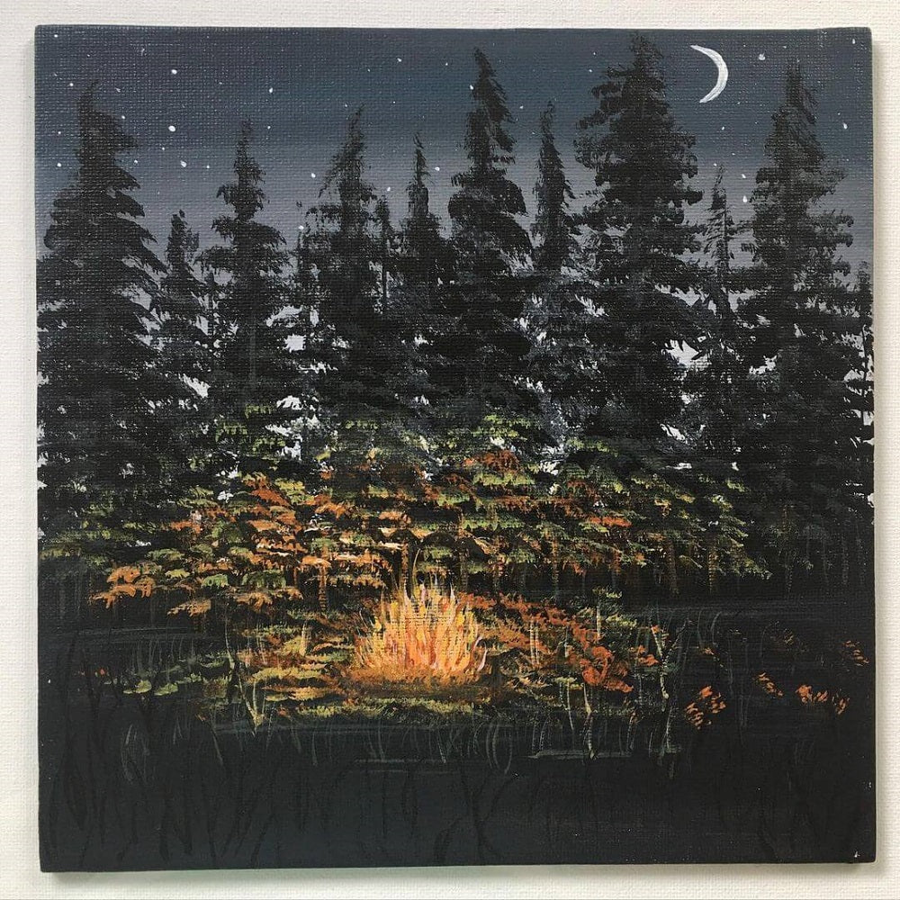 Acrylic painting of a camp fire in the forest at night with stars in the sky and a moon crescent in the corner, painted on canvas..