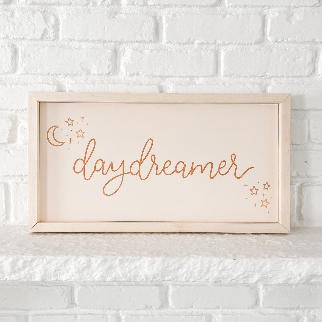 @glenwildartstudio Daydreamer script on wooden framed canvas with stars and moon