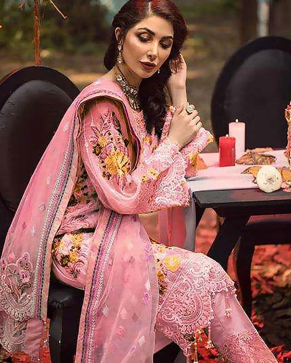 Embroidered Faux Georgette Pink Pakistani Suits
