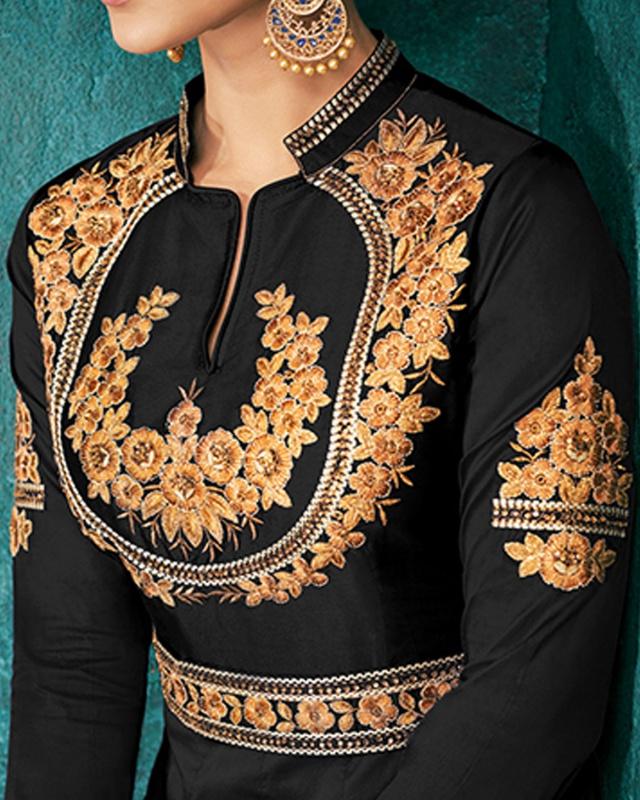 Embroidered Art Silk Black Gown