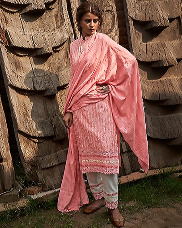 Self Design Viscose Cotton Pink A-Line Suits