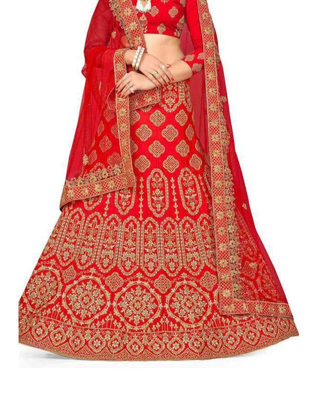 Embroidered Satin Silk Red Lehenga