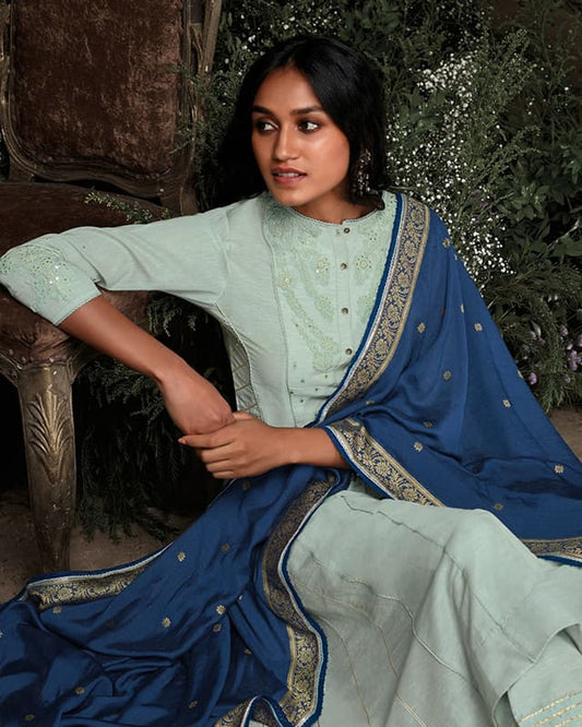 Embroidered Aaria Silk Light Blue A-Line Suits