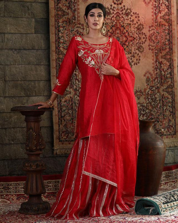 Cotton Red Zari Work Sharara Suit Set