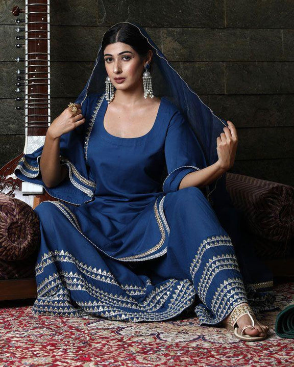 Cotton Blue Zari Work Sharara Suit Set