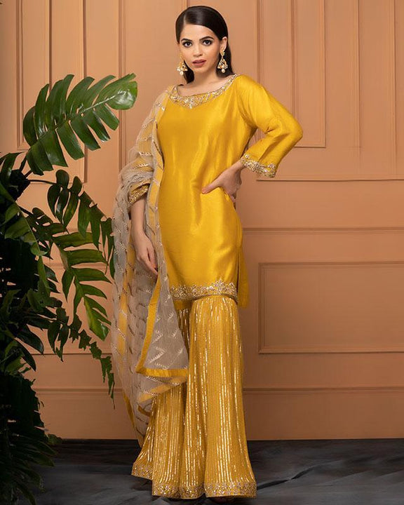 Silk Yellow Zari Work Sharara Suit Set