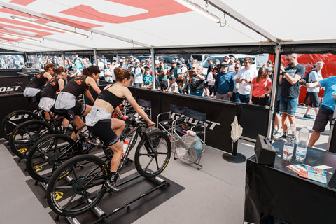 GHOST Factory Racing Team Warming Up for Race on Saris Rollers in Tent