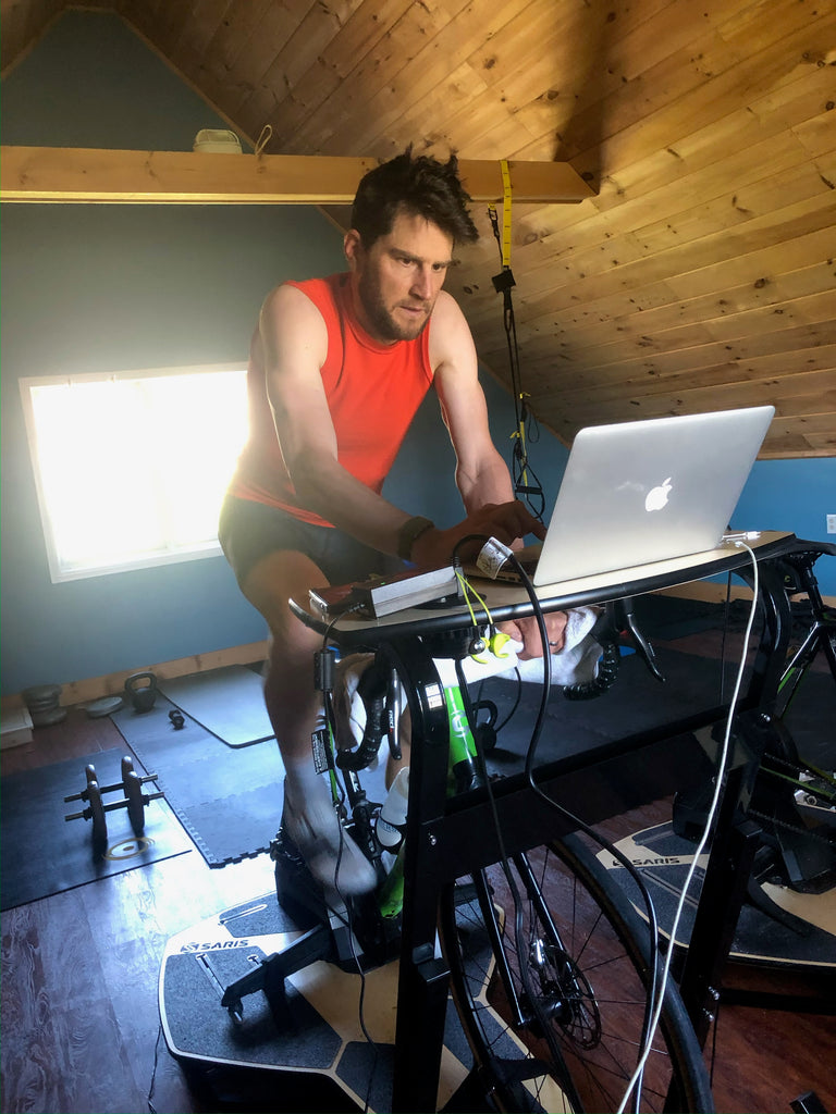 Ted King riding H3 Plus indoor trainer on MP1 Nfinity Platform and TD1 desk