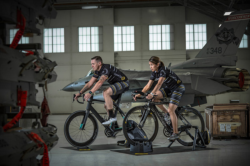 Riding on a CycleOps indoor trainer in airplane hangar