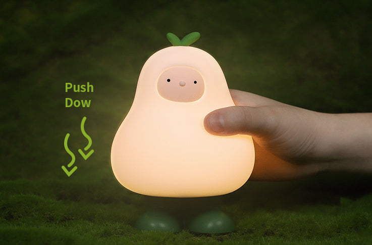 The switch hides in the feet of the Baby Pear Night Light. Lightly press down to switch on/off. Long press to adjust the brightness.