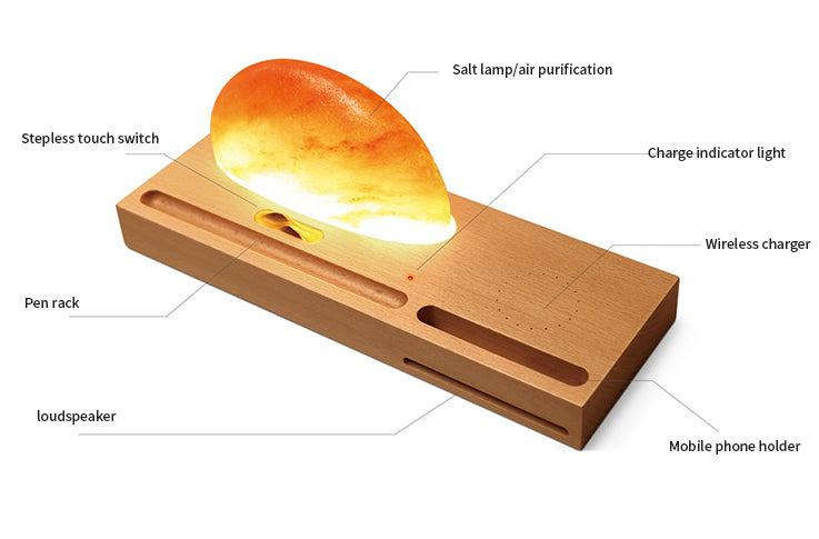 Sun Of the East - Himalayan Salt Lamp on a wooden desk organizer, showcasing its utility as a multifunctional accessory