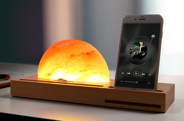 Smartphone docked on Sun Of the East - Himalayan Salt Lamp stand, amplify sound without being plugged in