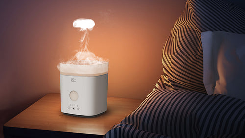 Puffing Humidifier in a bedroom setting, providing soft mood lighting and tranquil ambiance for relaxation