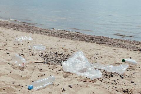 Beach with plastic on the shoreline