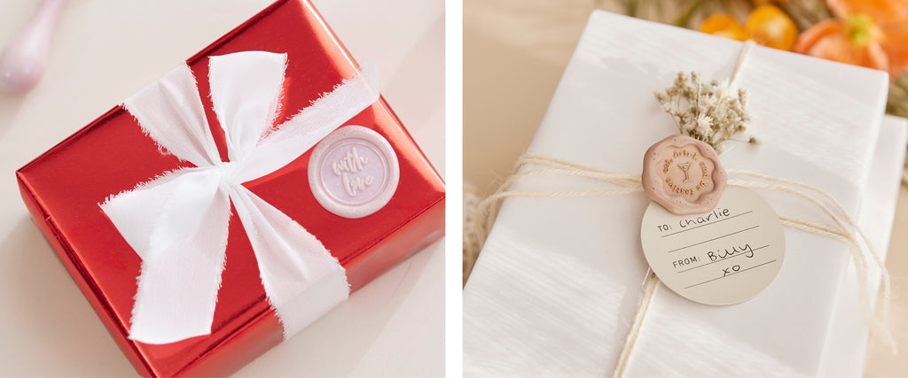 Gift wrapping with wax seals and ribbons