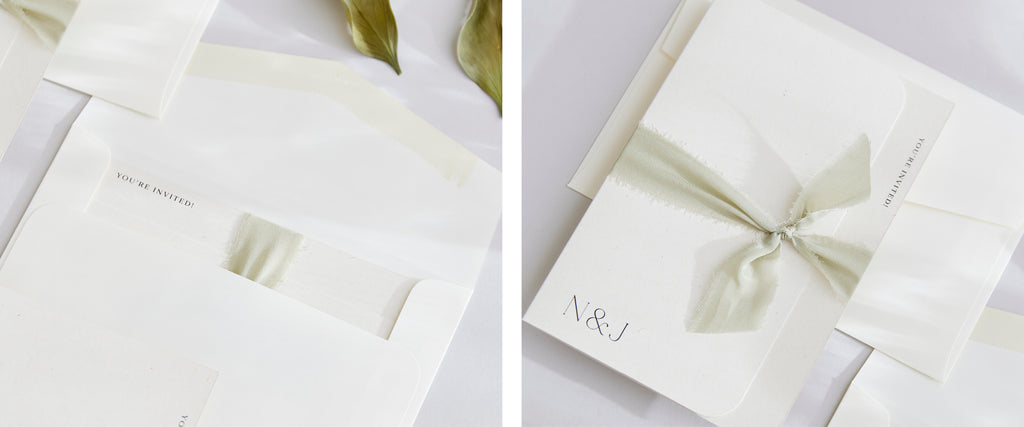 Wedding invitation folder with silk ribbon bellybands