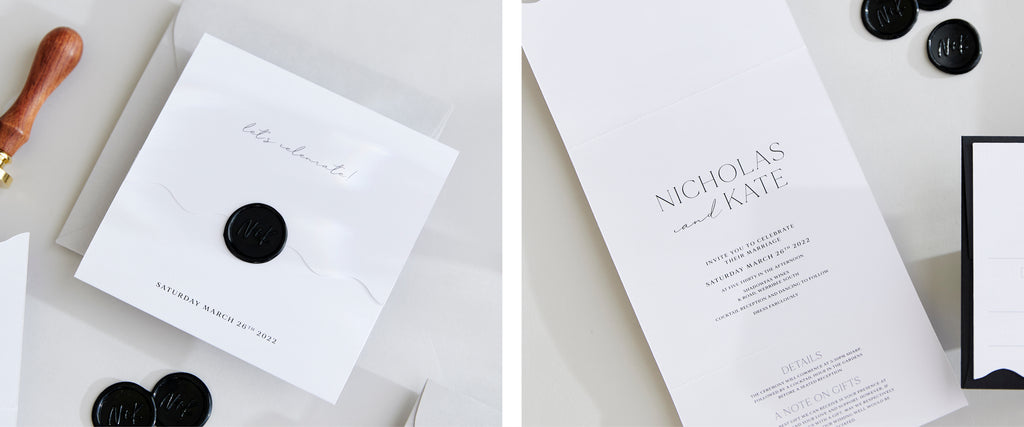 Wedding invitation folder with custom initial wax seals