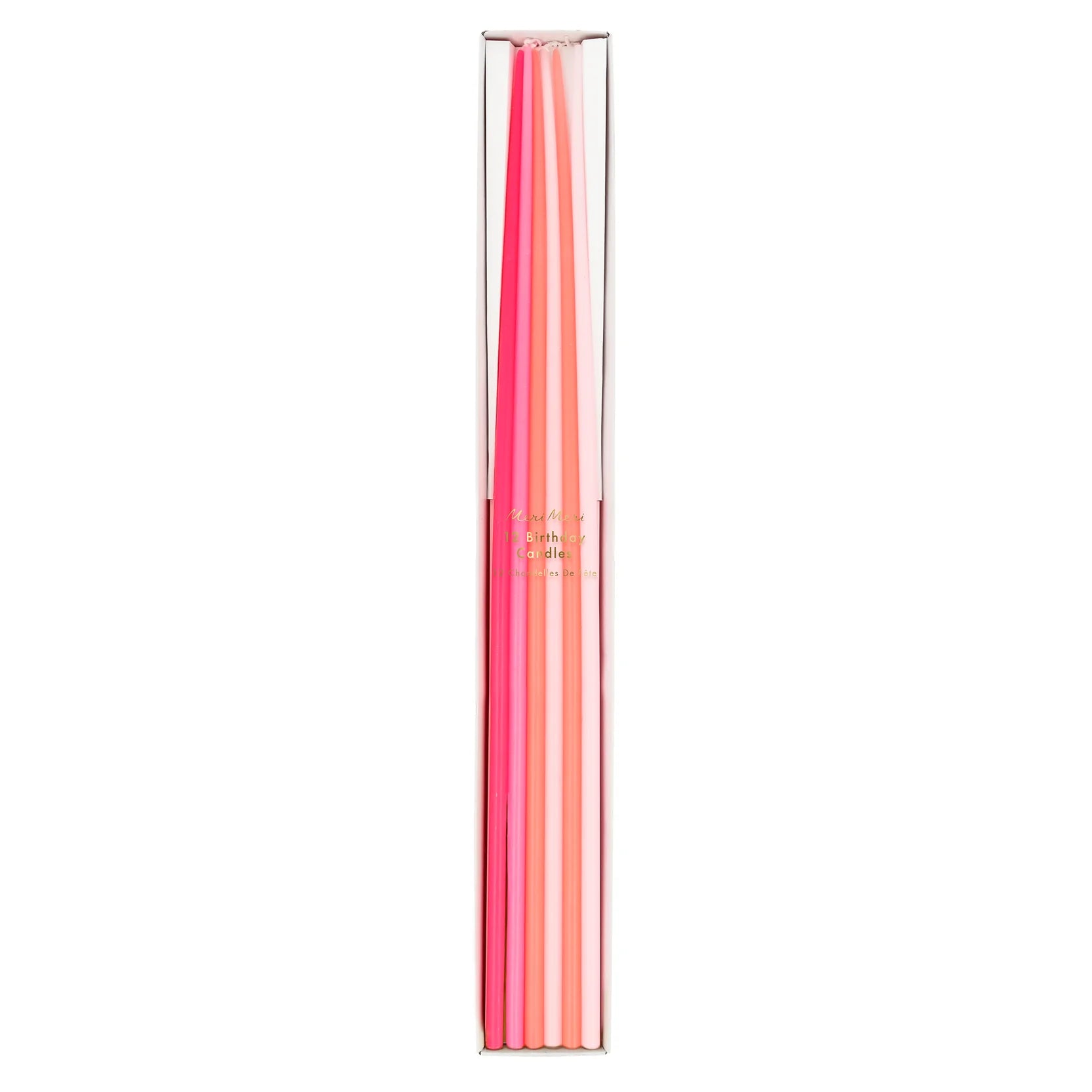 Pink Tapered Candles, Set of 12 Tall Birthday Candles in 4 Beautiful Pink Shades by Meri Meri, 15" Tall